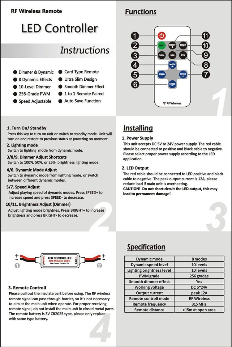 RF Wireless LED Strip Controller Mini Dimmer RF Remote DC 5V 12V 24V Controller For LED