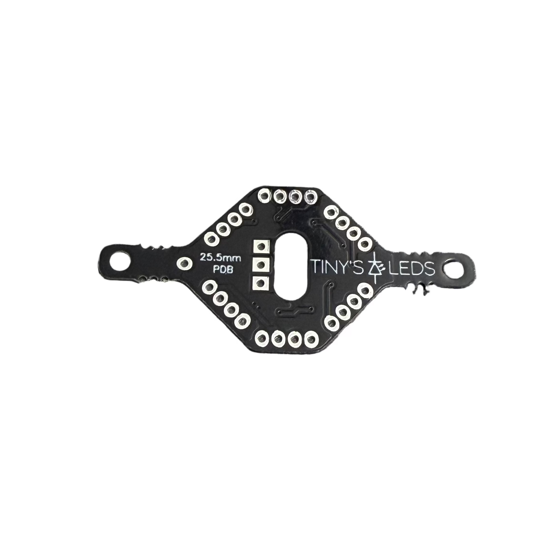 Black electronic component with 'Tiny's LEDs' branding on a white background