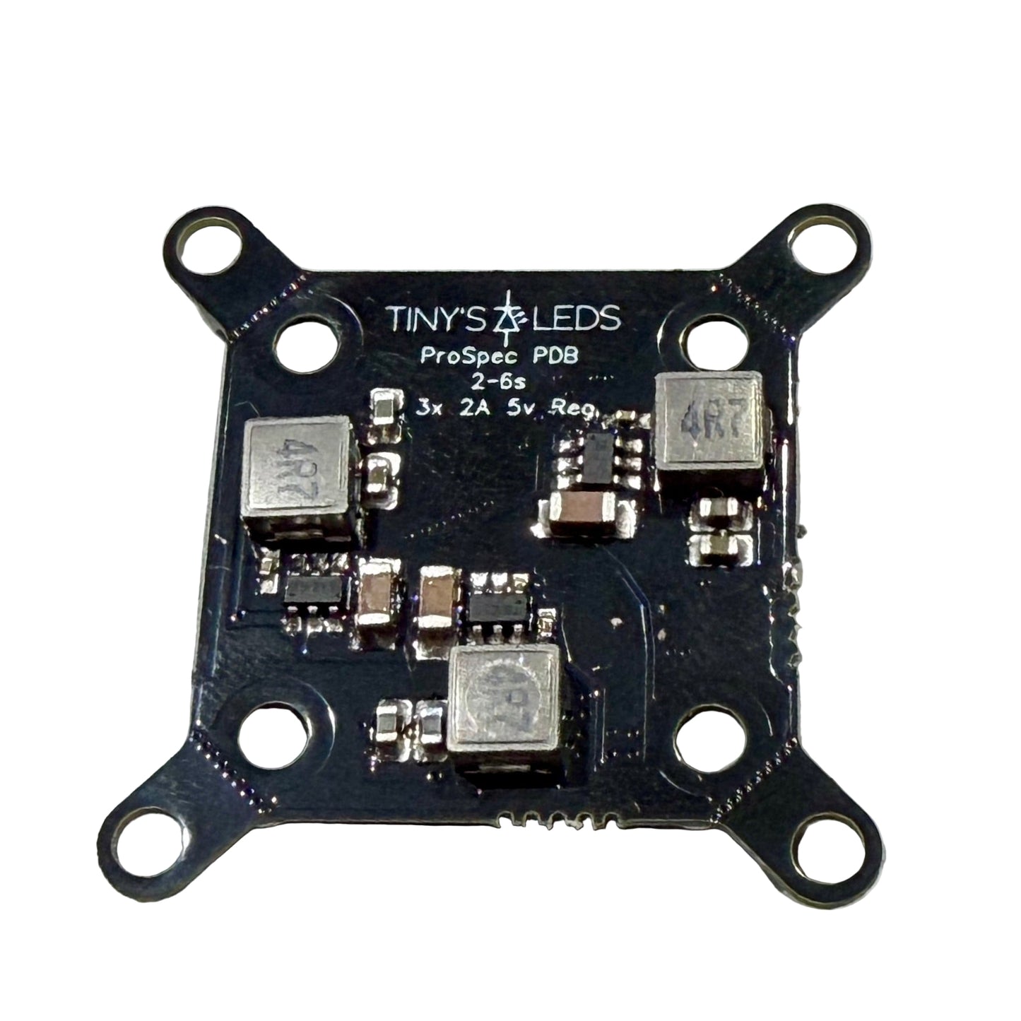 Electronic circuit board with 'Tiny's LEDs' branding on a grid background